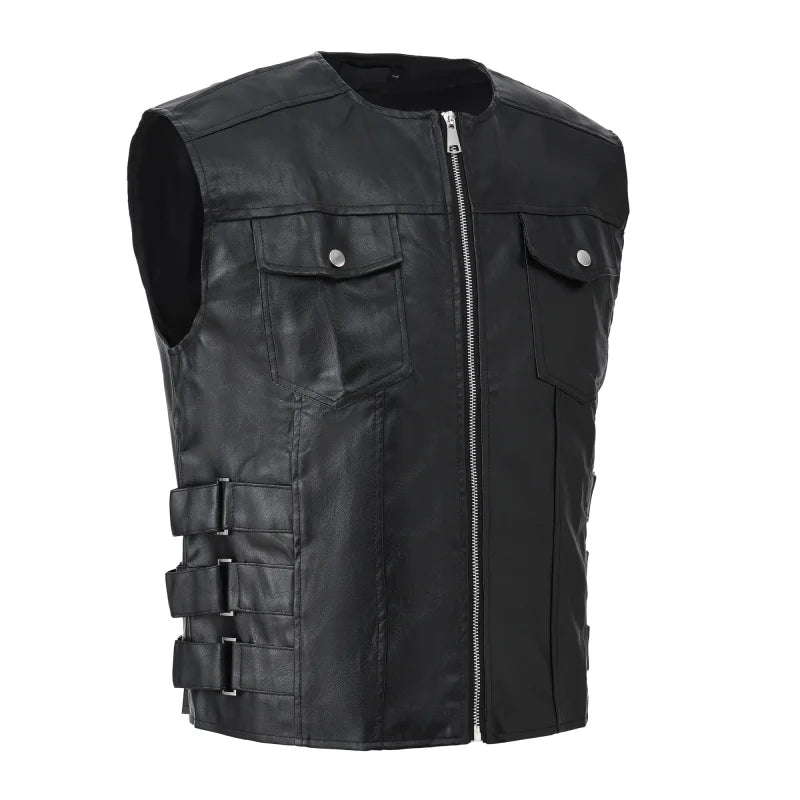 Men's Fashion Leather Biker Vests High Street Punk Style Motorcycle Rider Waistcoat For Male Sleeveless Jacket
