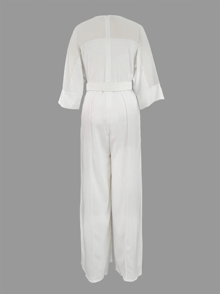 2025 New White Elegat One-piece Suit for Urban Women V-neck Mesh Patchwork Raglan Sleeve Belted Wide Leg Jumpsuit Party Overall