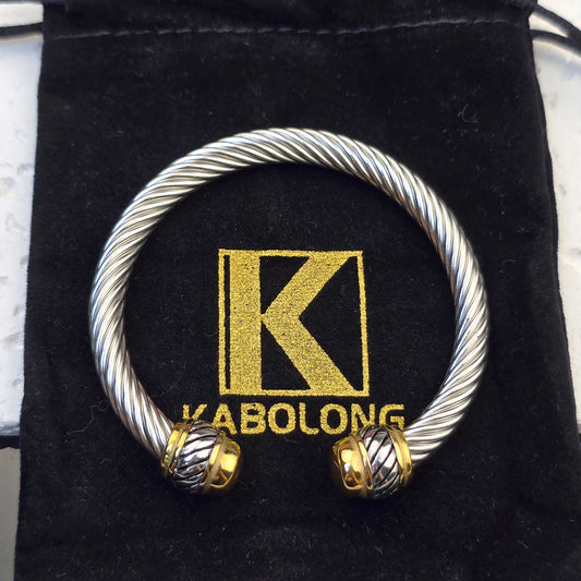 7mm Stainless Steel Cable Bracelet Designed for Women Two-Tone Open Twisted Rope Bracelet with Jewelry Pouch Gift for Women