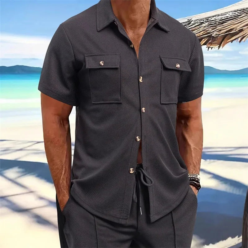 Men s Casual Short Sleeve Button Down Shirt with Turn-down Collar Solid Color Summer Top for Daily Wear and Outings
