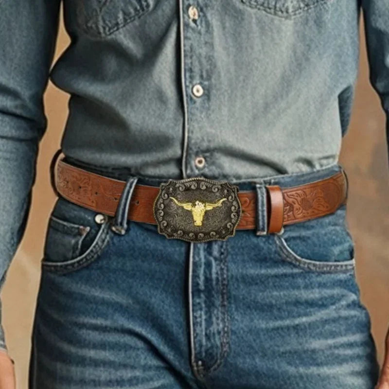 New Men's Western Cowboy Belt - Cool Handsome Black Faux Leather with Embossed Design and Stylish Alloy Buckle men belt