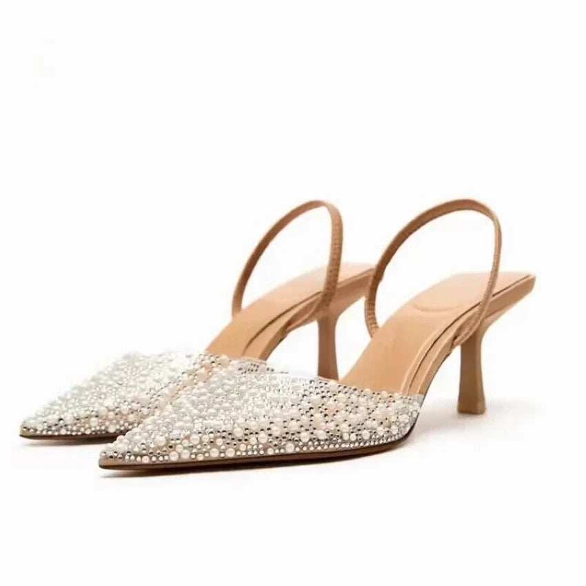 2025 Fashion Summer Women High Heels Pearl Decoration Slingback Woman Pumps Pointed Toe High Heels Sandals Elegant Woman Shoes