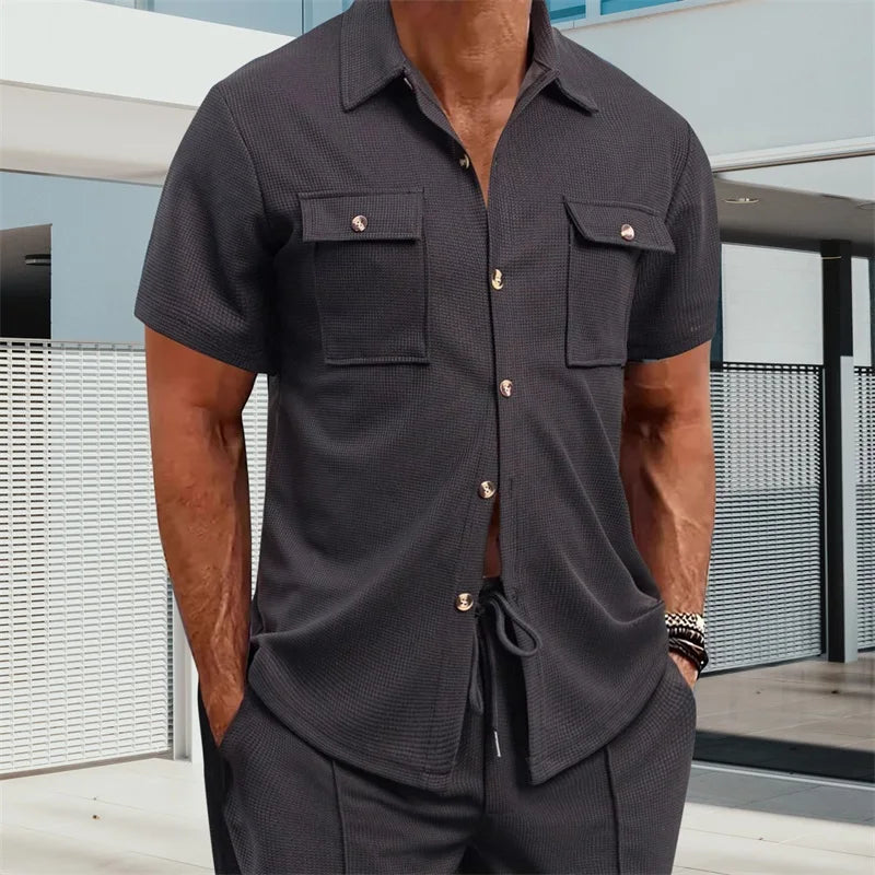 Men s Casual Short Sleeve Button Down Shirt with Turn-down Collar Solid Color Summer Top for Daily Wear and Outings