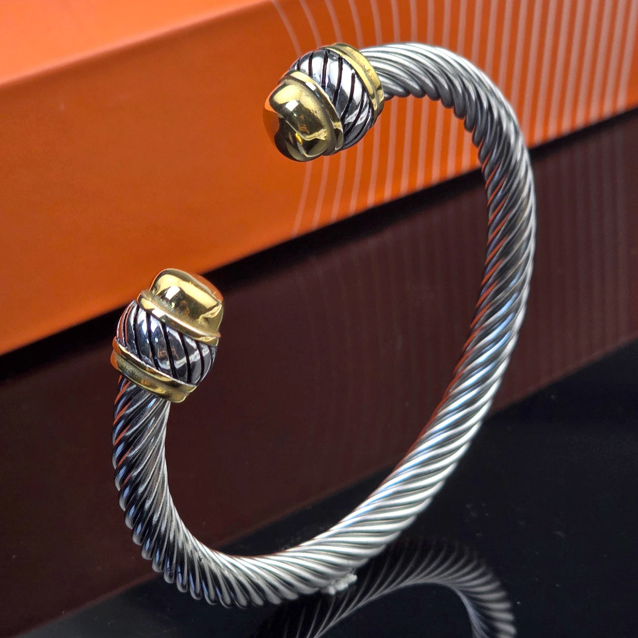 7mm Stainless Steel Cable Bracelet Designed for Women Two-Tone Open Twisted Rope Bracelet with Jewelry Pouch Gift for Women