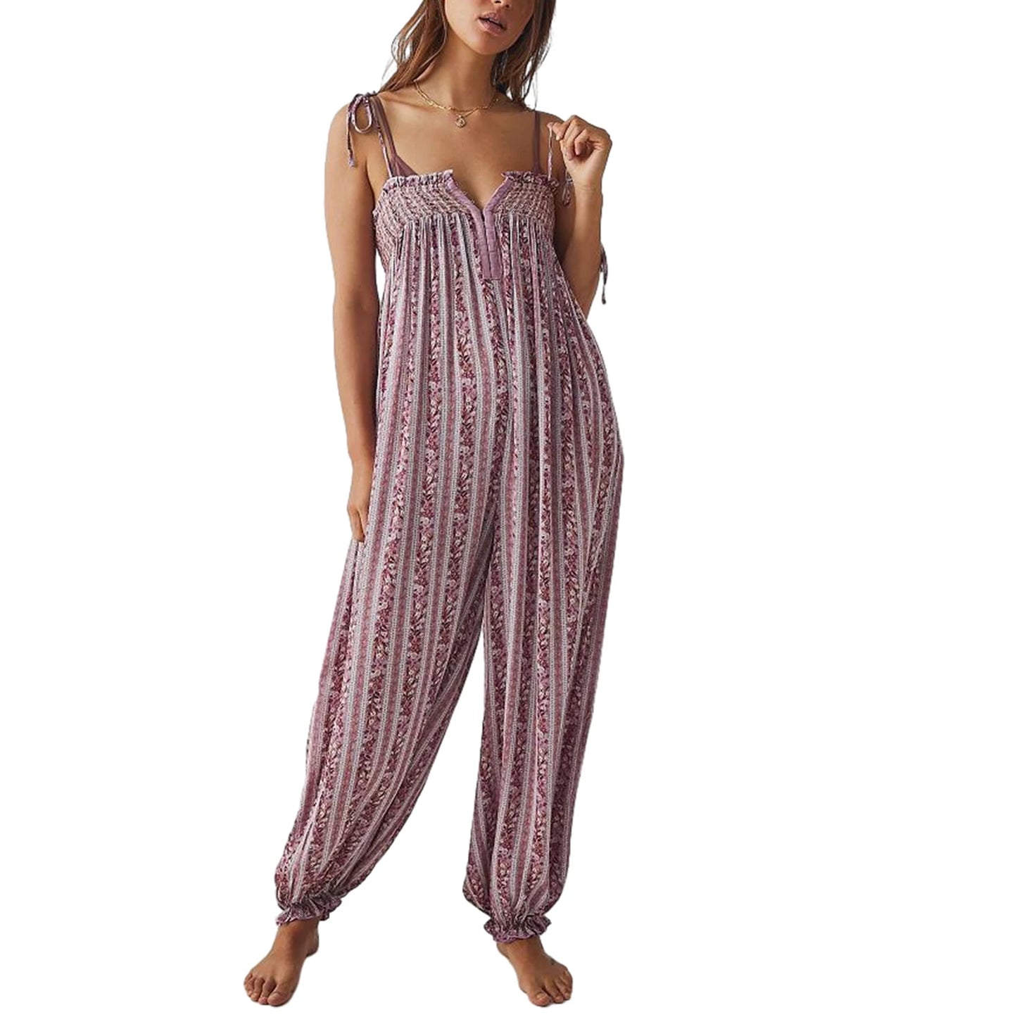 Women Summer Cami Jumpsuits Retro Floral Print Tie-Up Spaghetti Strap Sleeveless Long Rompers Fashion Loose Playsuits