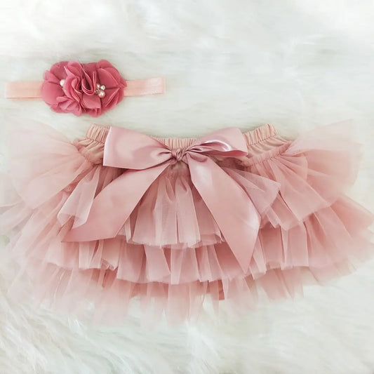 Baby girl tutu skirt 2pcs tulle lace bloomers diaper cover Newborn infant outfits Mauv headband flower set Baby mesh bloomer