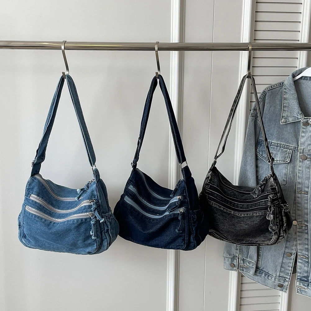 Women Denim Casual Messenger Bag Large Capacity Stylish Crossbody Bag Adjustable Strap Shoulder Tote Bag Outdoor Travel Bag