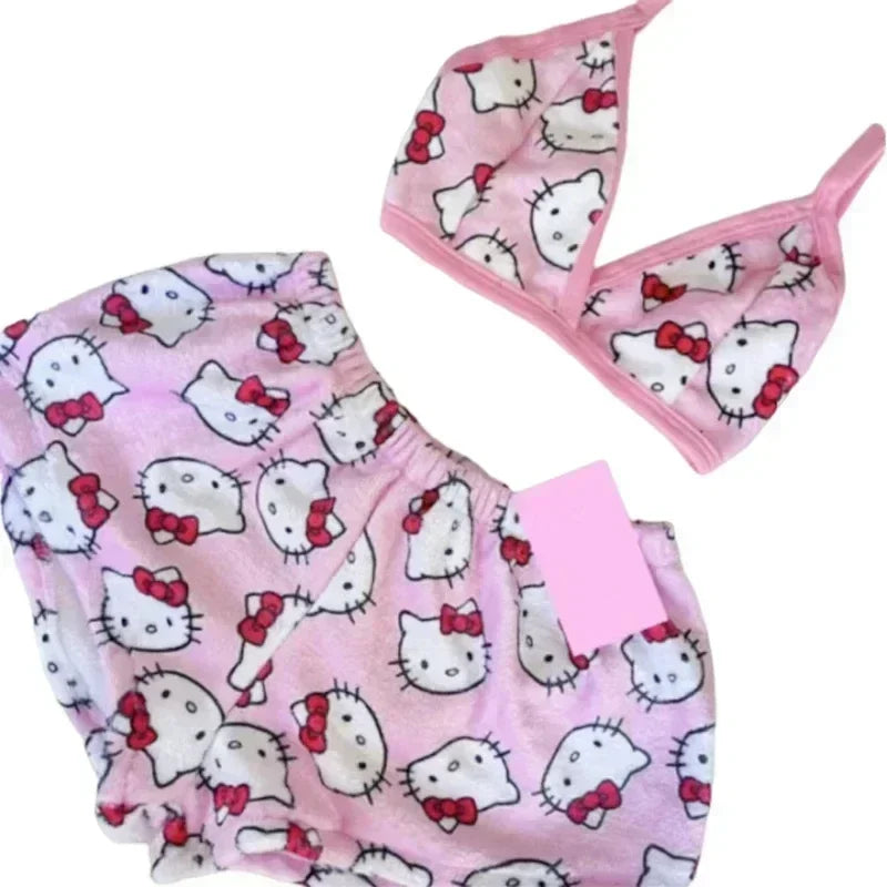 Sanrio Cartoon Hello Kitty Loose Ladies Pajama Suits Womens Sleep Bottoms Lounge Summer Beachwear Home Wear for Women Two-Piece