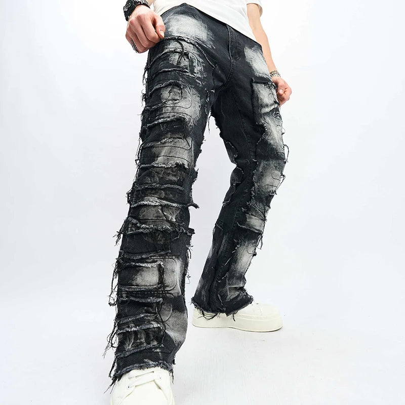 Men Vintage Denim Pants Raw Trim Distressed Straight Leg Pants Casual Trousers with Pockets for Streetwear