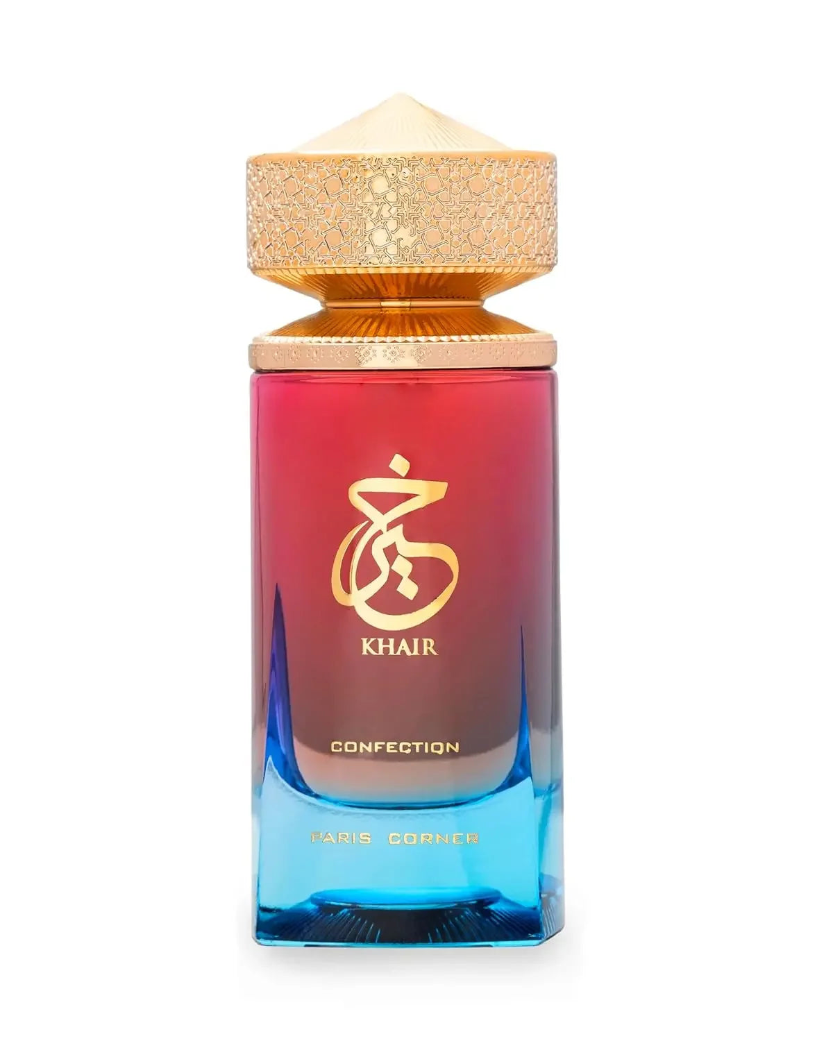 Khair Confection Perfume by Paris Corner, Luxury Fragrance with Gradient Red and Blue Bottle, Gold Cap