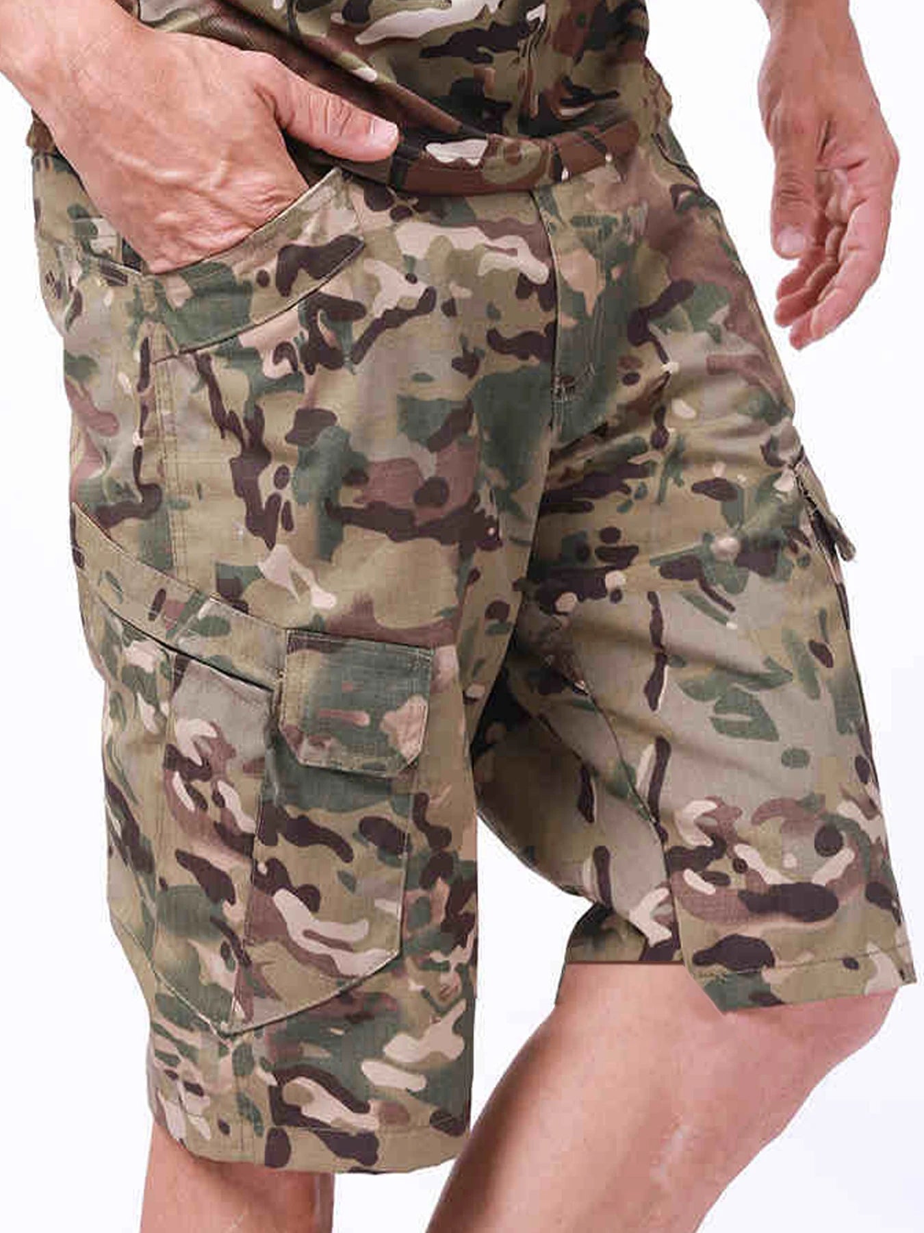Mens Cargo Shorts Summer Tactical Cropped Trousers Outdoor Waterproof Multi-pocket Bermudas Pants Camo Ripstop Hiking