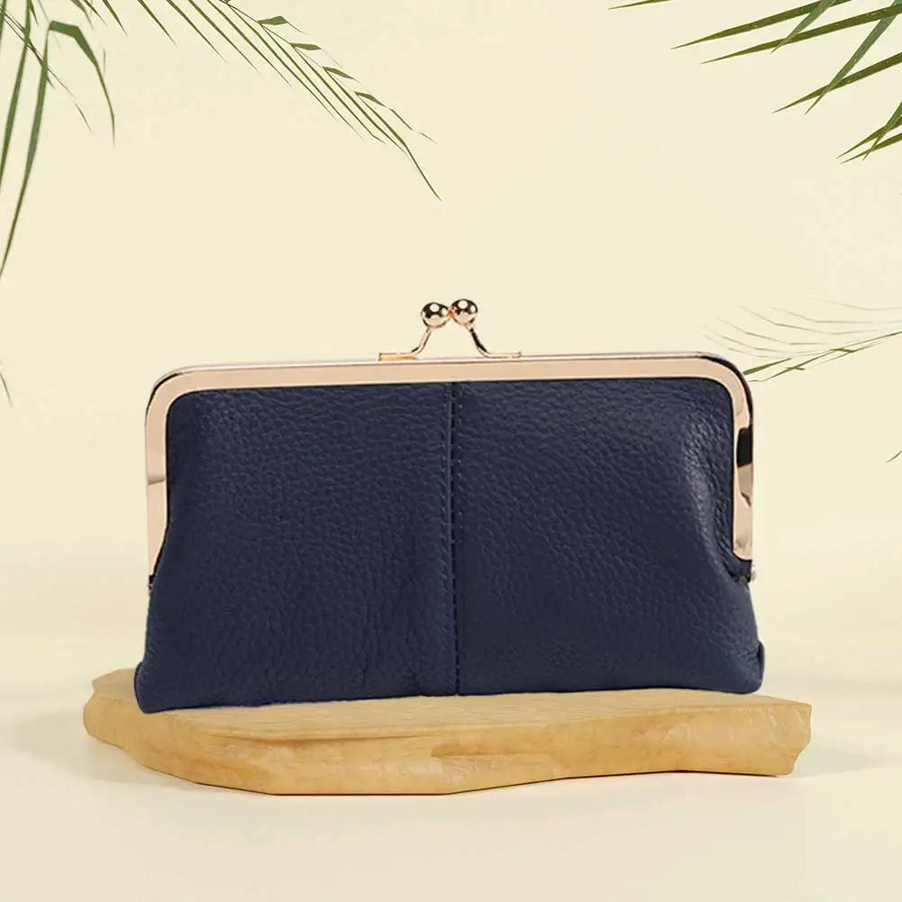 Genuine Leather Vintage Kiss Lock Wallet Large Capacity Long Card Holder Double Clip Travel Wallet Key Card Storage Bag