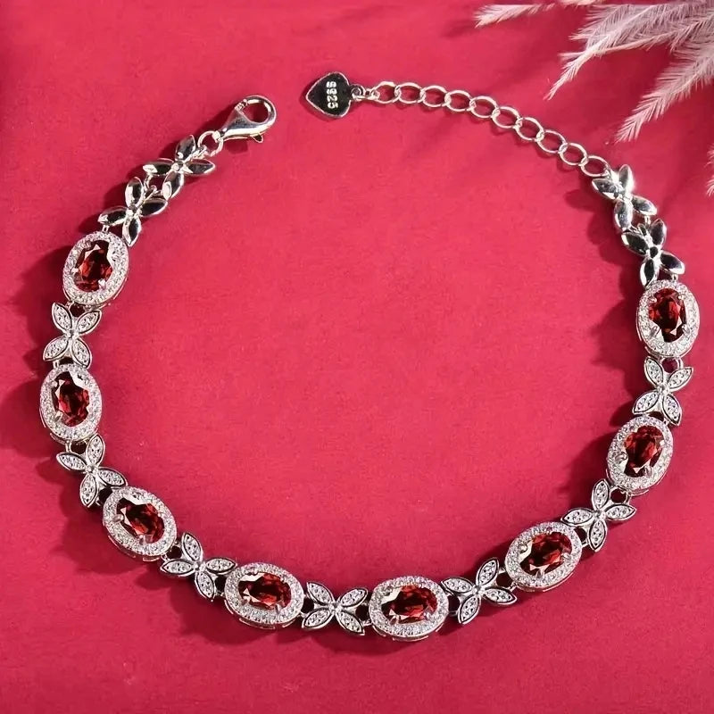 925 silver electroplated white gold inlaid with 6.8 carat natural garnet, fashionable bracelet for men and women "Mother