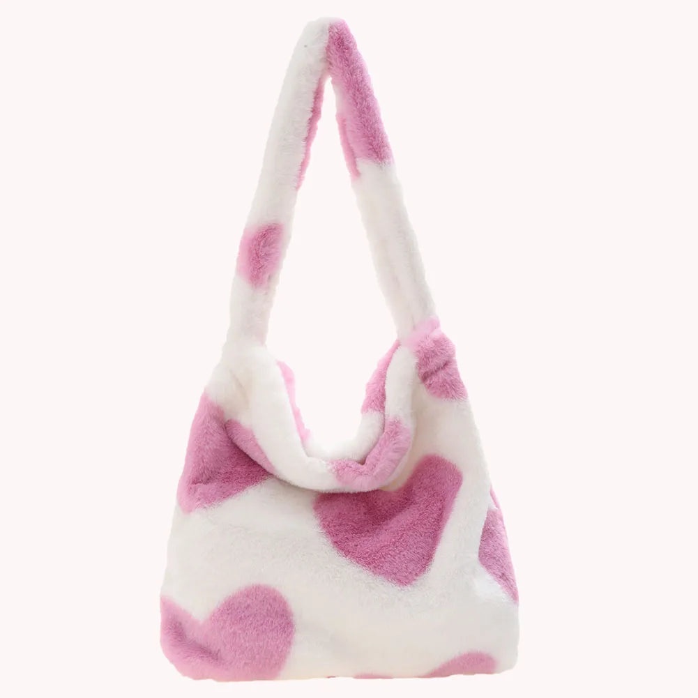 Women Fashion Plush Shoulder Bag Large Capacity Heart Fluffy Commuting Bag Simple Shopping Bag Furry Messenger Bag Chic Hobo Bag