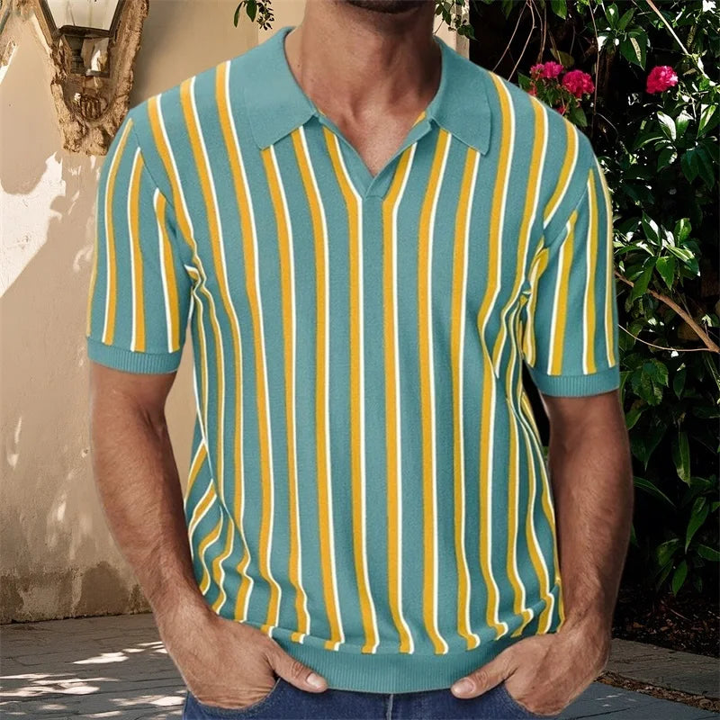 Men s Fit Striped Knit Shirt with Lapel V Neck and Short Sleeves - Stylish Summer Streetwear Top for a Trendy Look