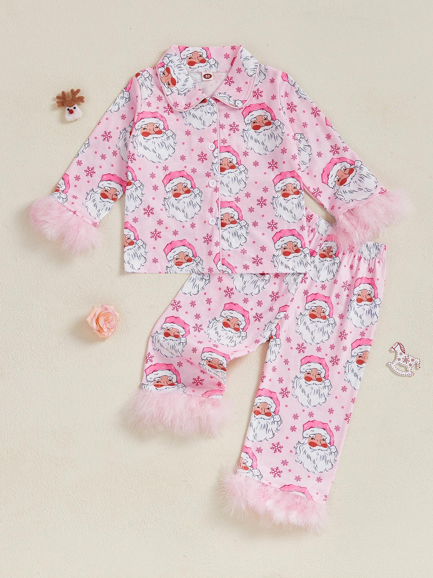 Adorable Infant Boy Holiday Pajama Set Reindeer Print Fleece Trimmed Button Up Long Sleeve Shirt and Pants with Matching Hat