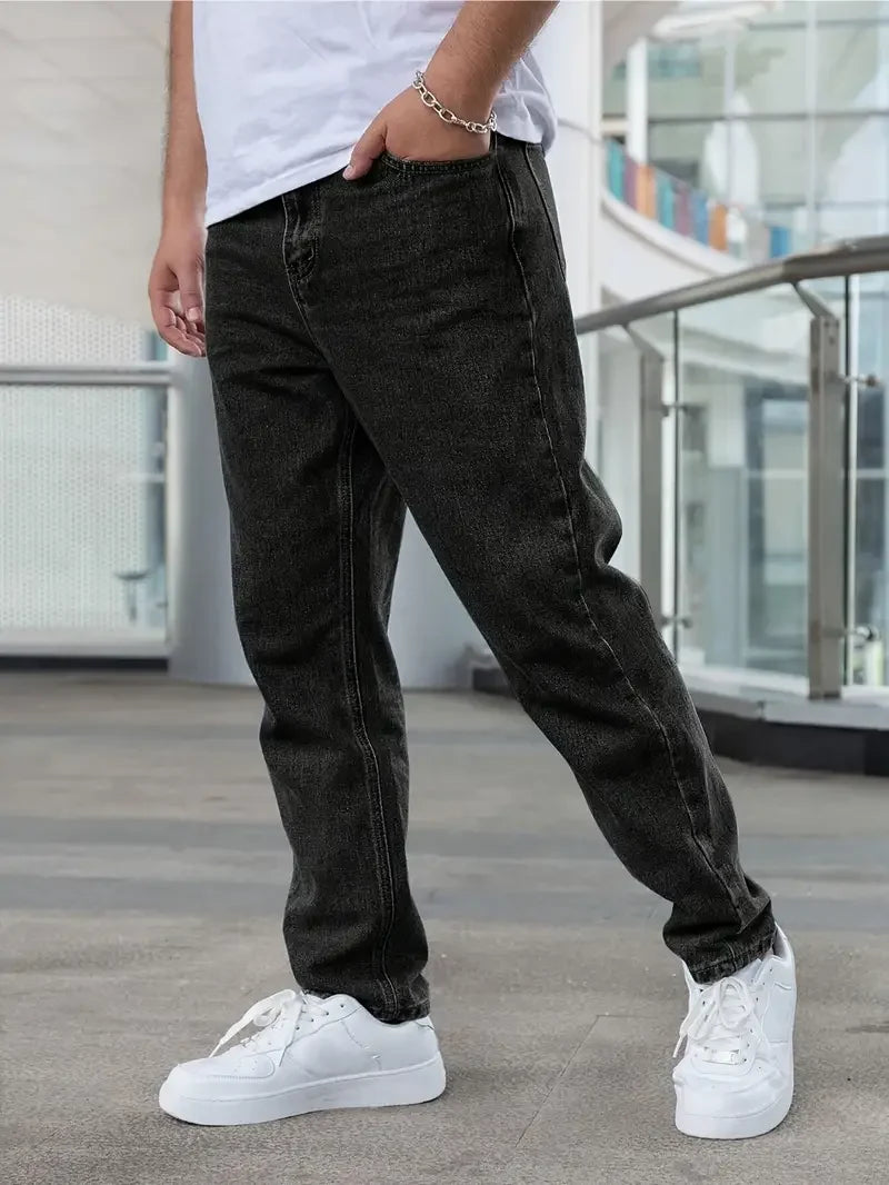 Men's Classic Black Washed Casual Jeans - Straight Leg Fit, Non-Stretch Denim, All-Season Wear, Comfortable & Stylish for Everyd