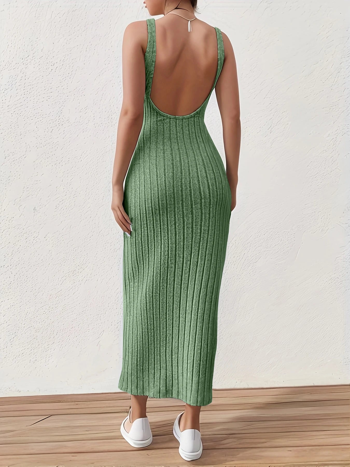 Solid Backless Tank Dress,Summer new sexy backless mid-length knitted sleeveless dress