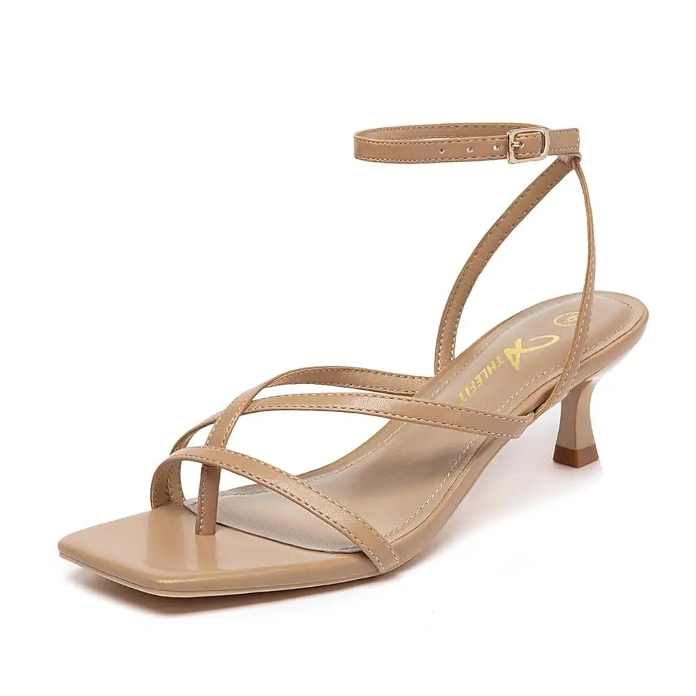 Women's Strappy Kitten Heels Square Toe Flip Flops Low Heels Ankle Strap Party Dress Thong Heeled Sandals