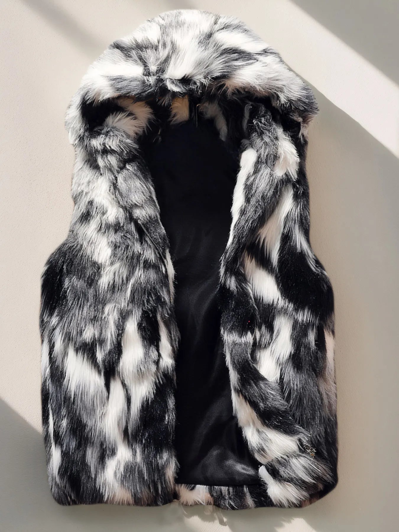Men`s Luxury Faux Fur Hoodie Vest Long Coat Sleeveless Jacket Winter Fluffy Warm Outwear Plush Overcoat with Pockets With Hood