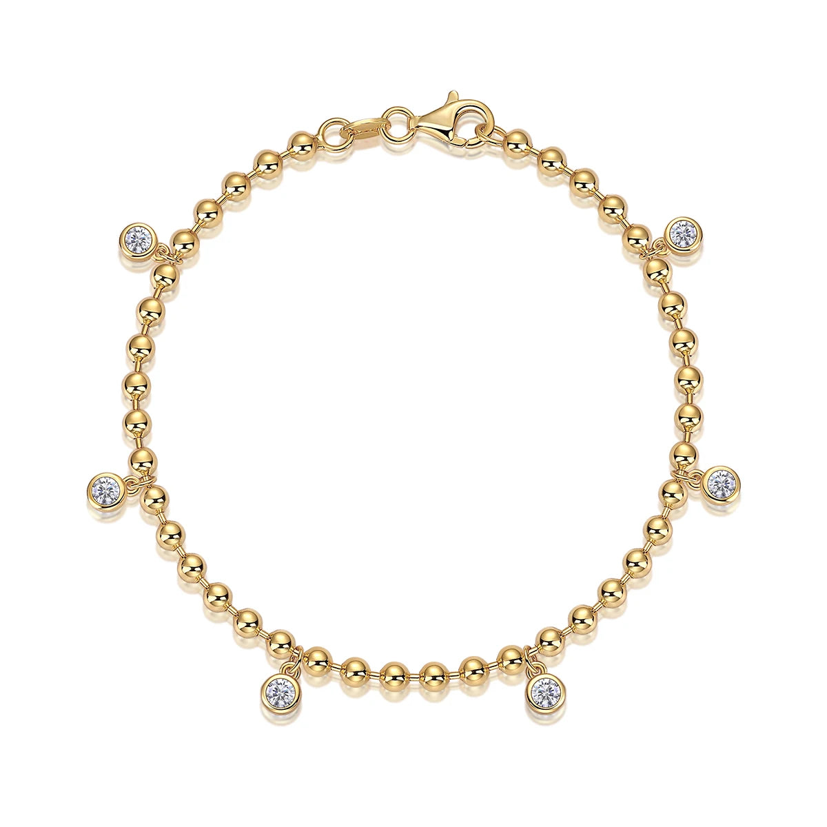 JIUZUAN Moissanite Bracelet Gold Plated Beaded Chain 925 Sterling Silver Fashion Jewelry for Women Comes with GRA Certificate