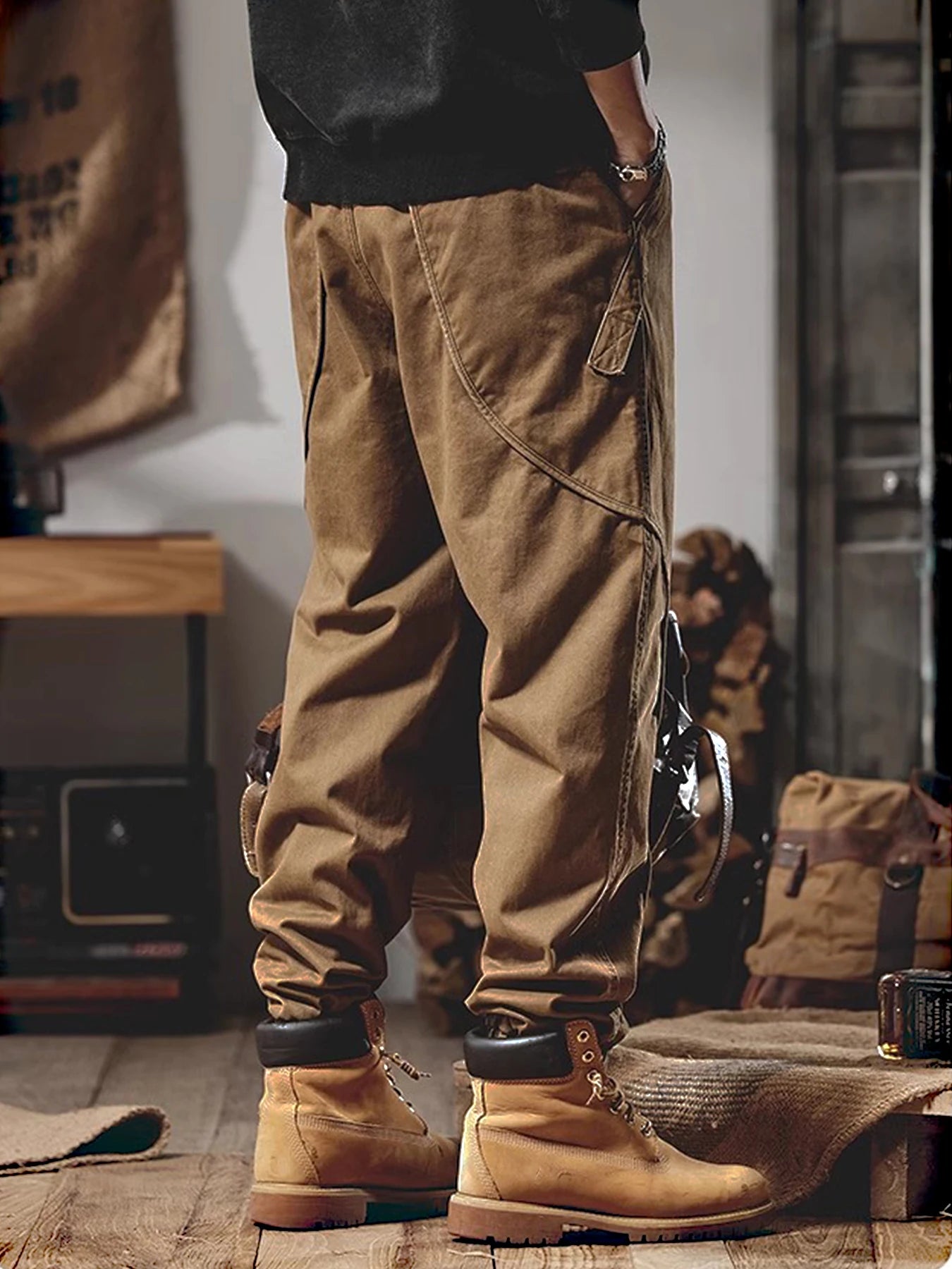 Men's casual work pants, multi-pocket design - Relaxed waist long pants suitable for outdoor, sports and autumn activities