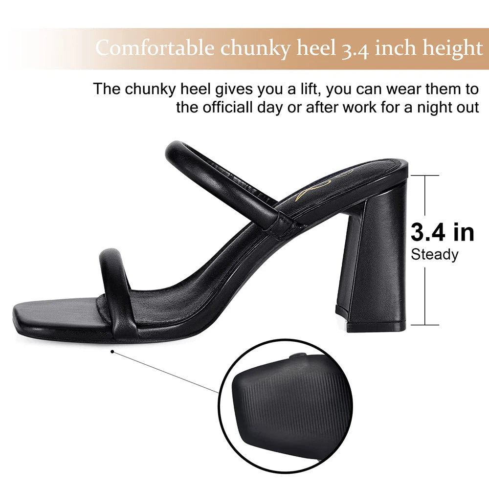 Elegant Women's Chunky Heels Sandals Office Lady Square Open Toe Strap Heeled Slippers Fashion Summer Slip Block Shoes