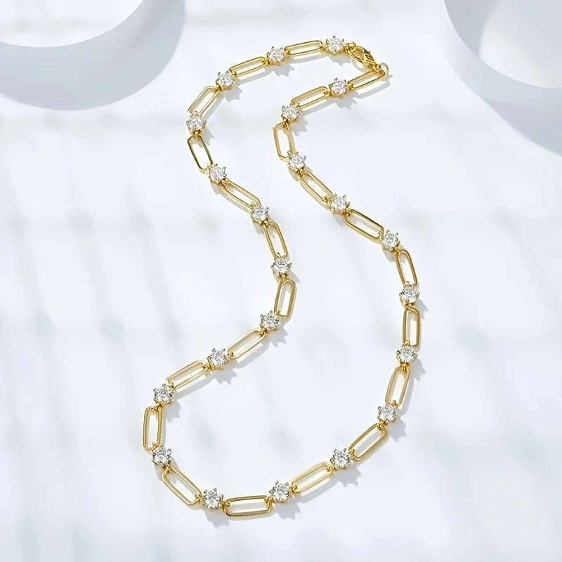 1pc S925 Silver Plated 18K Gold 12CT Moissanite Hip Hop Simple Unisex Paper Clip Necklace, Moissanite Gemstone Jewelry | Gifts f