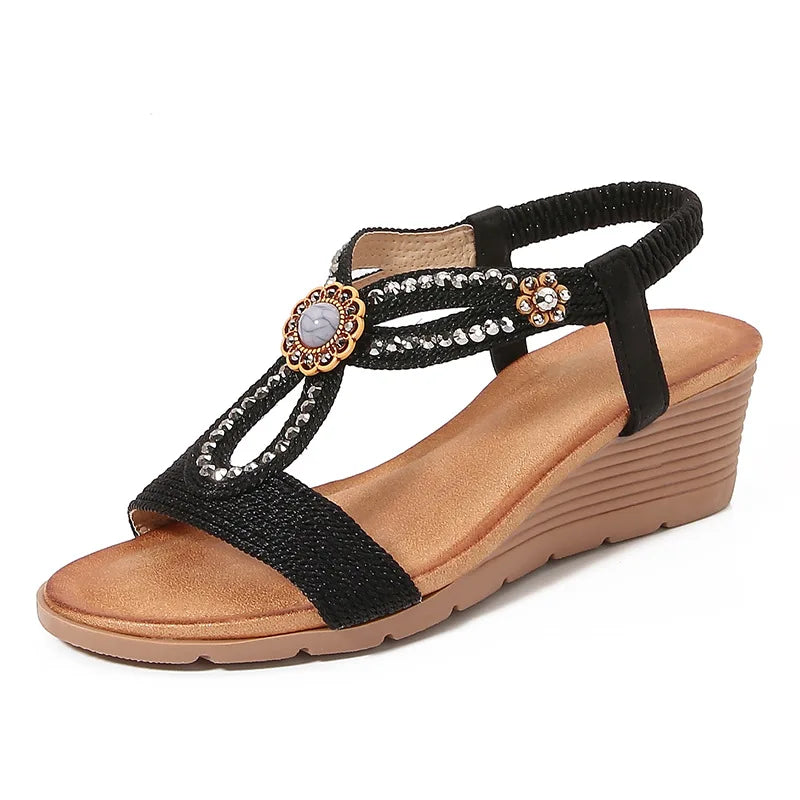 Women'S Thick-Soled Sandals Wedge-Heeled Beach Shoes Fashionable Rhinestones Comfortable Trendy Casual Shoe High Heels