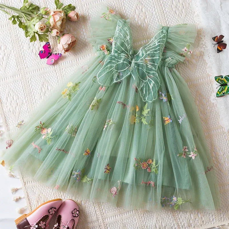 Summer Girls' Princess Party Birthday Dress Sweet Baby Girls Dress Back Bow Wings Fairy Strap Embroidered Butterfly Mesh Dress