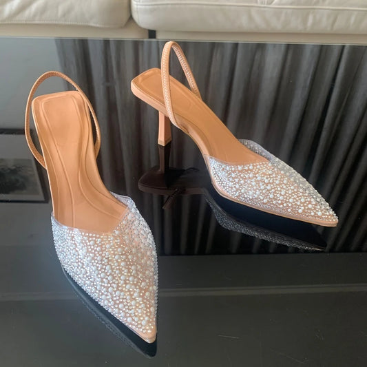 2025 Fashion Summer Women High Heels Pearl Decoration Slingback Woman Pumps Pointed Toe High Heels Sandals Elegant Woman Shoes