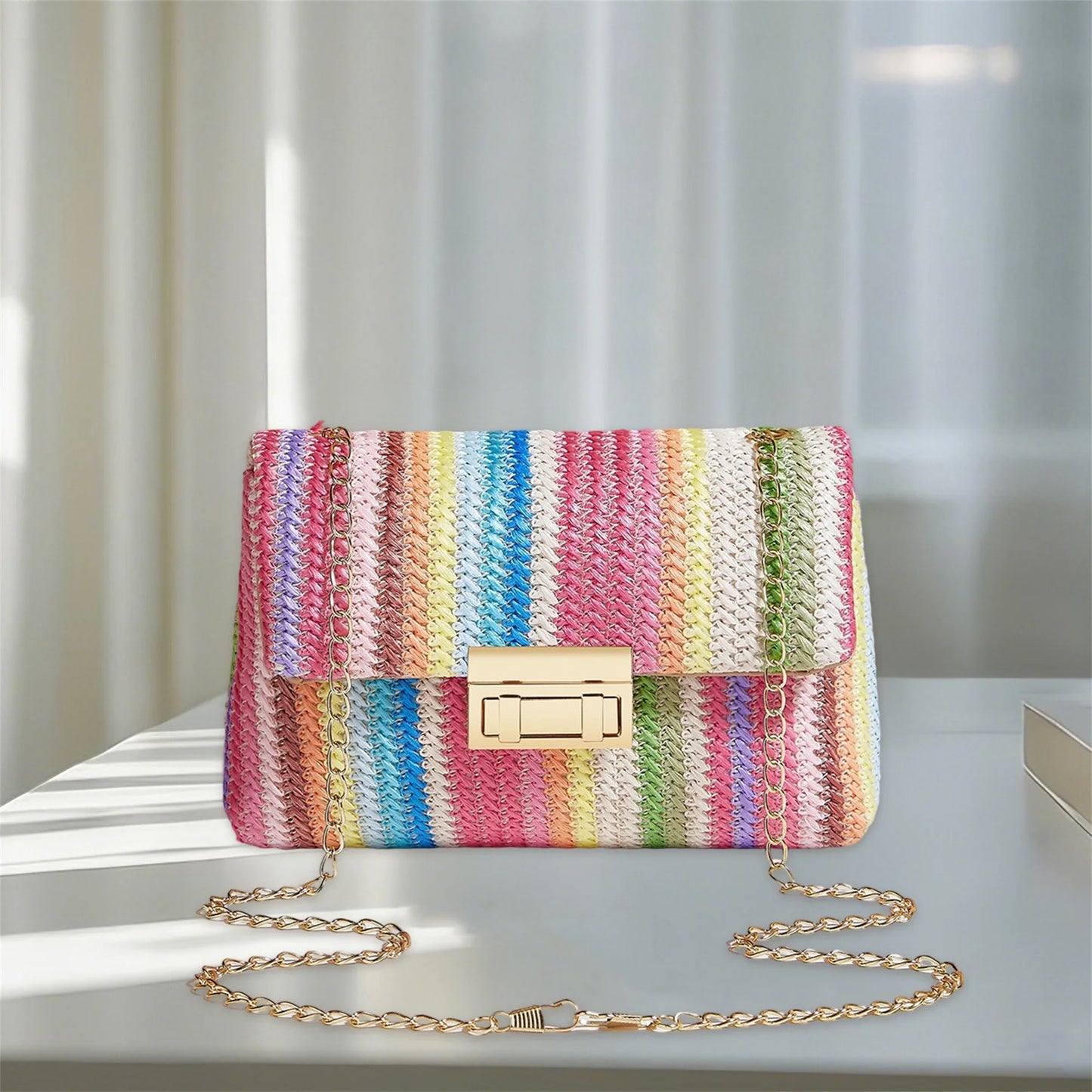 Colorful Striped Rattan Crossbody Bag Boho Woven Purse Shoulder Bag for Women Summer Beach Vacation Accessory