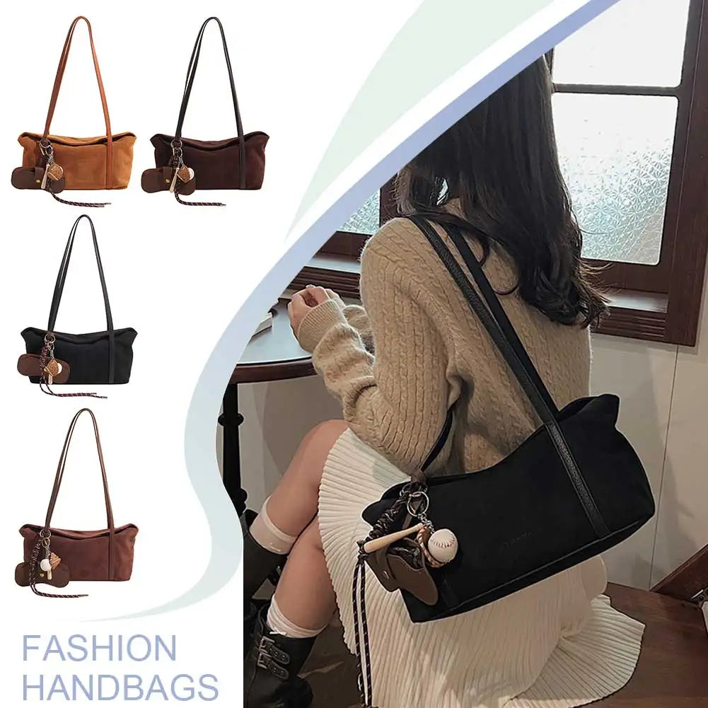 Women Suede Shoulder Bag Large Capacity Flap Underarm Bag Solid Retro Handbag Clutch Purse for Work Travel