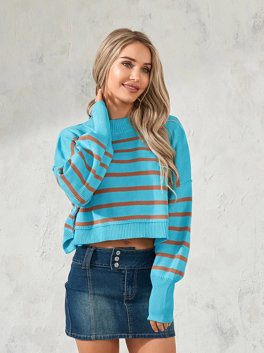 Women Solid Color Stripe Knit Sweater Crew Neck Long Sleeve Loose Pullovers Spring Fall Casual Jumpers Streetwear
