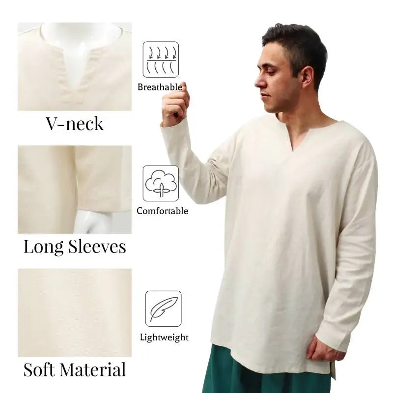 DAZCOS Mens Medieval Undershirts Retro Linen Tunic Long Sleeve Shirts Pirate Reenactment Viking Fancy Clothing Carnival Shirts