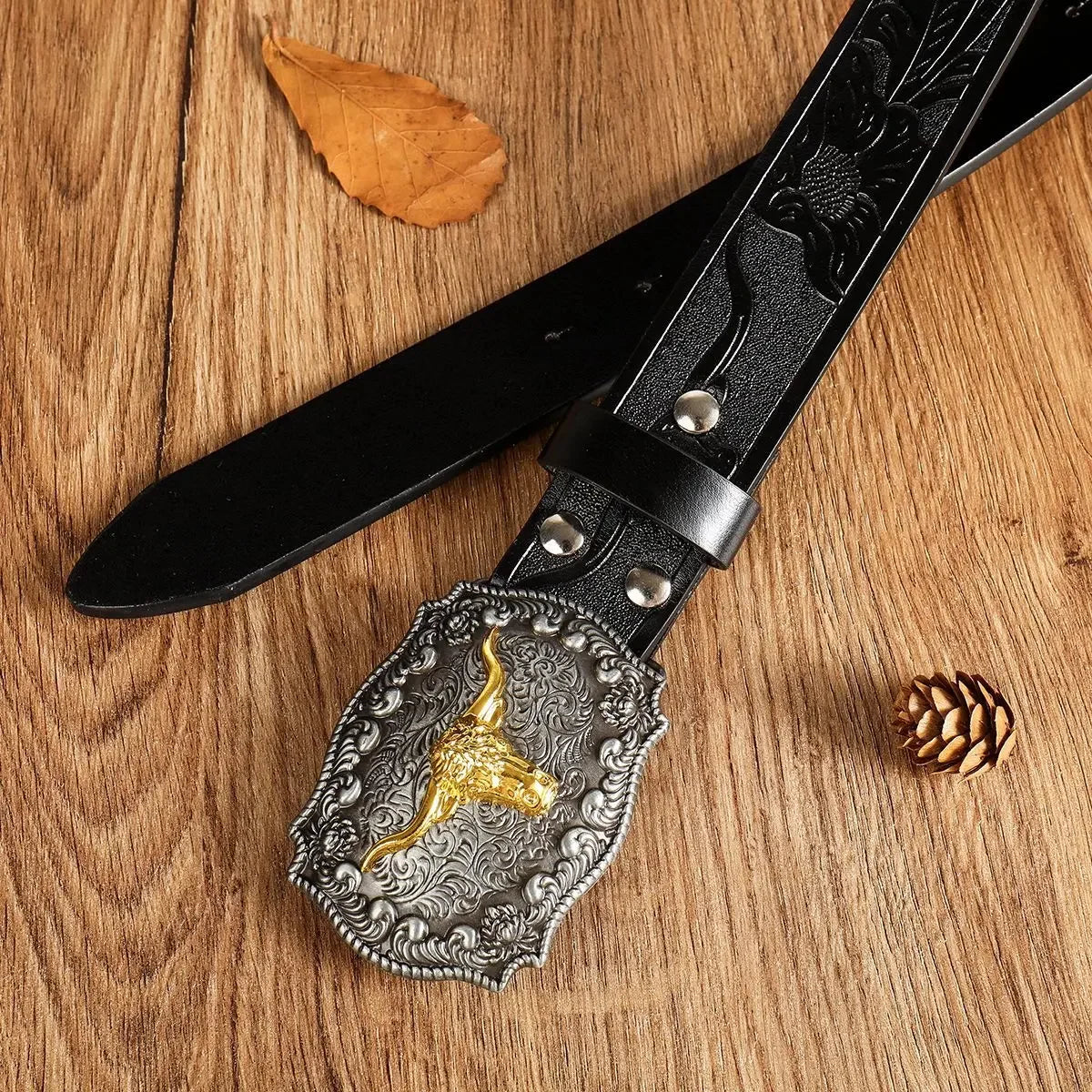 New Men's Western Cowboy Belt - Cool Handsome Black Faux Leather with Embossed Design and Stylish Alloy Buckle men belt