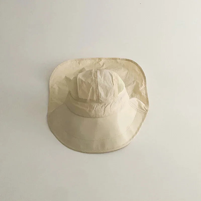 Solid Color Summer Sun Hat for Boy Girl Korean Big Brim Fisherman Cap Kids Quick Dry Mesh Anti UV Beach Cap with Neck Cover