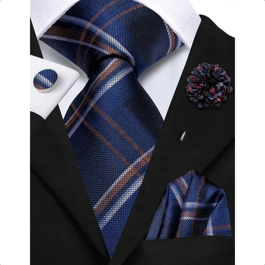 HiTie Mens Silk Ties and Flower Lapel Pin Pocket Square Cufflinks Set 4PCS Necktie for Wedding Business