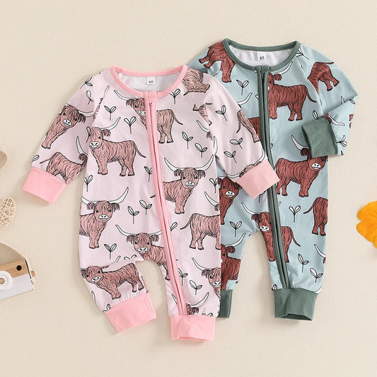 Infant Toddler Cow Print Round Neck Long Sleeve Zip-Up Western Romper Jumpsuit for Autumn - Unisex Baby Full Length Outfit