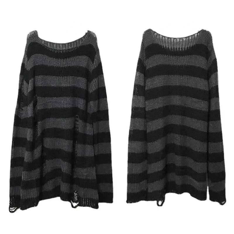 New Autumn Punk Gothic Long Unisex Sweater Women Striped Cool Hollow Out Hole Broken Jumper Loose Rock Thin Dark Streetwear Top