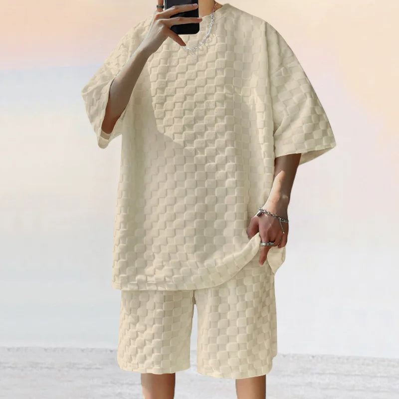 Men's Summer Jacquard Plaid Short-Sleeve T-Shirt And Loose Straight-Leg Casual Shorts Set