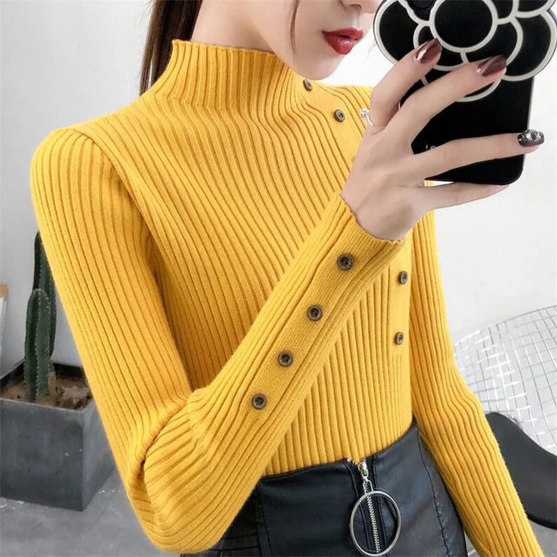 2025 Women Autumn Knitted Slim Sweaters Solid Knitted Female Cotton Soft Elastic Color Pullovers Button Full Sleeve Turtleneck
