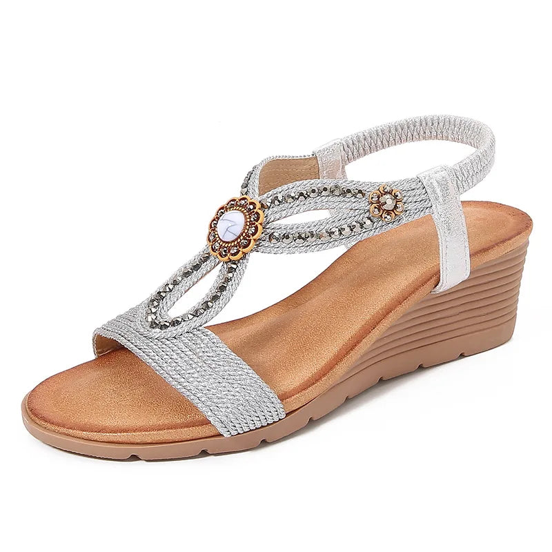 Women'S Thick-Soled Sandals Wedge-Heeled Beach Shoes Fashionable Rhinestones Comfortable Trendy Casual Shoe High Heels