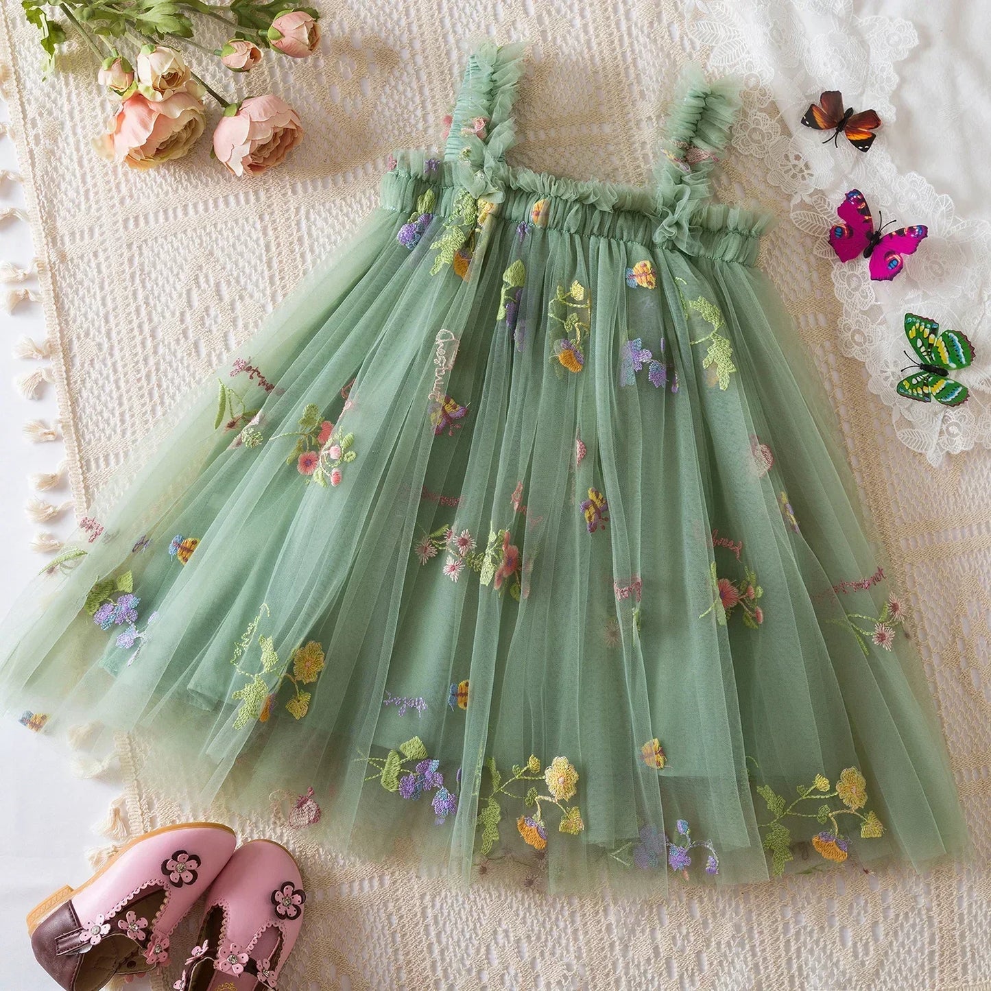 Summer Girls' Princess Party Birthday Dress Sweet Baby Girls Dress Back Bow Wings Fairy Strap Embroidered Butterfly Mesh Dress