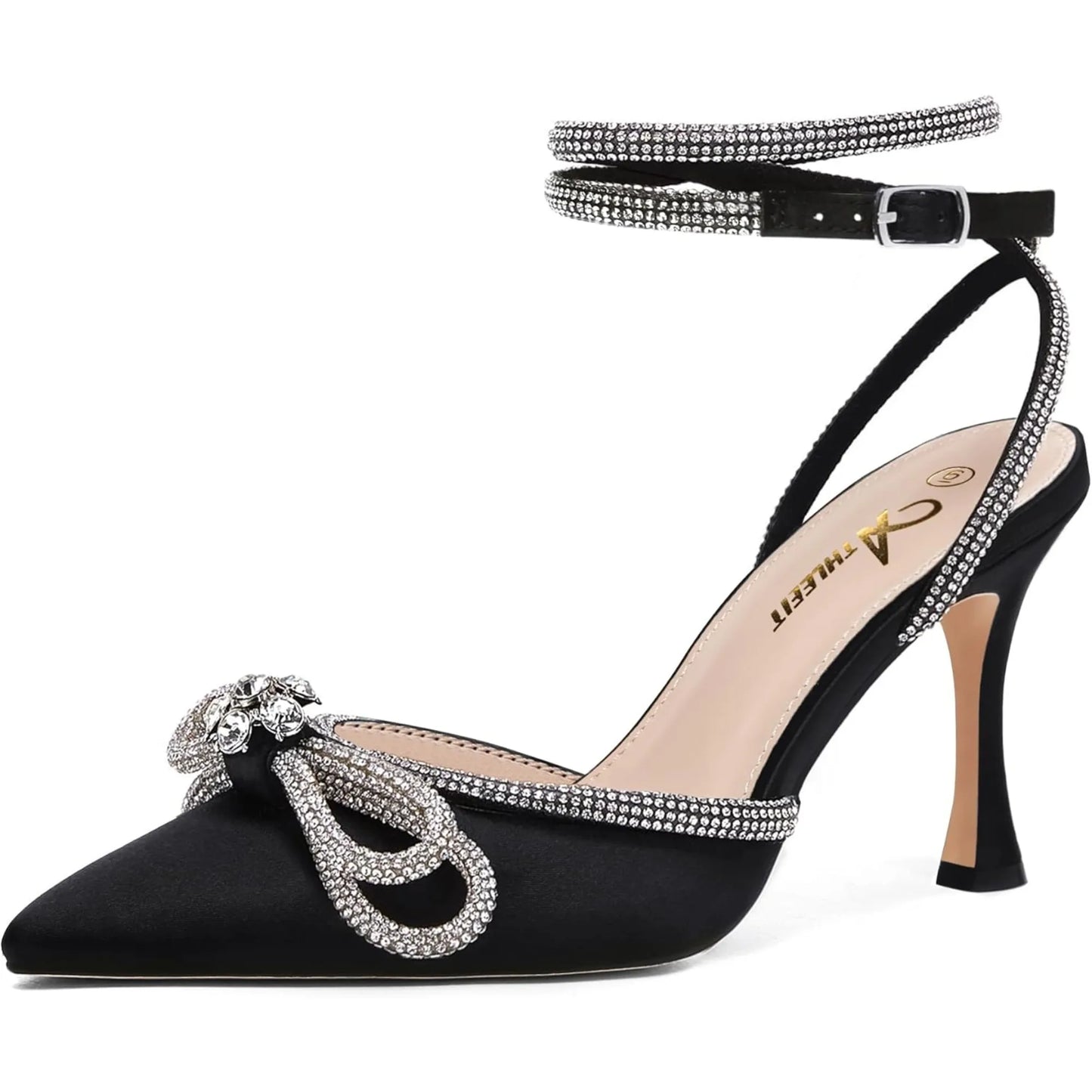Women's Rhinestone Bow Heels Ankle Strap Pointed Toe Stiletto Heeled Sandals Wedding Bridal Dress Pumps Shoes