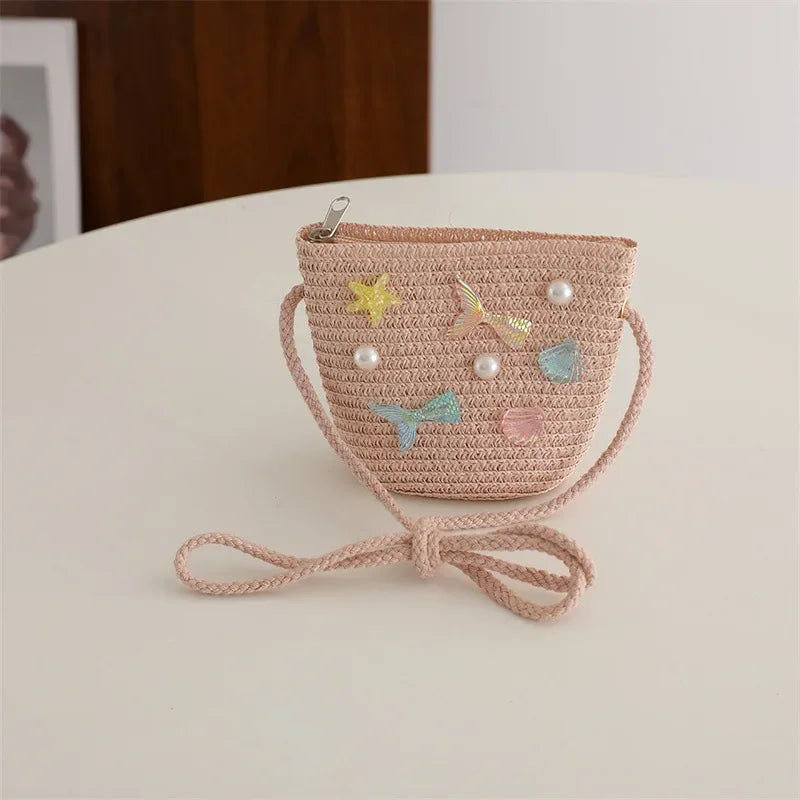 Children's Straw Woven Summer Crossbody Bag Cute Girl Coin Wallet Shoulder Bag Colorful Shells Fish Tail Zero Wallet Kids Gifts