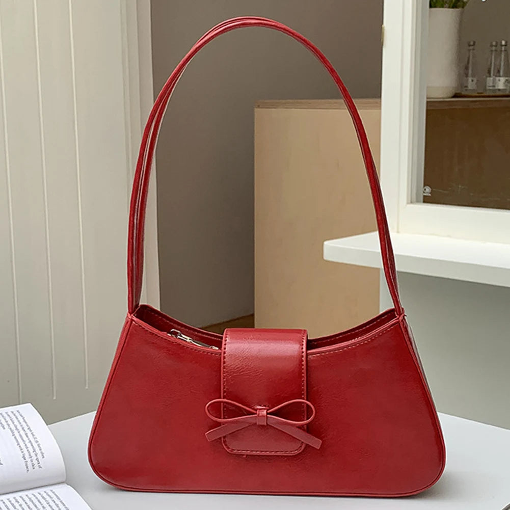 Sweet Bow Shoulder Bag PU Leather Everyday Purse with Zipper Closure Clutch Purse Retro Trendy Underarm Bag for Women and Girls