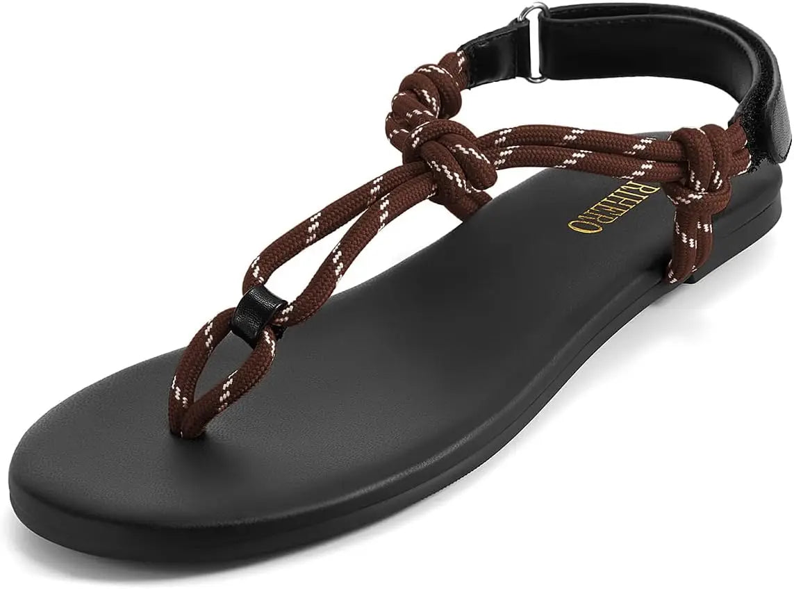 Rope Thong Sandals for Women Beach Flip Flops Comfortable Ankle Strap Slip-On Flat Sandals