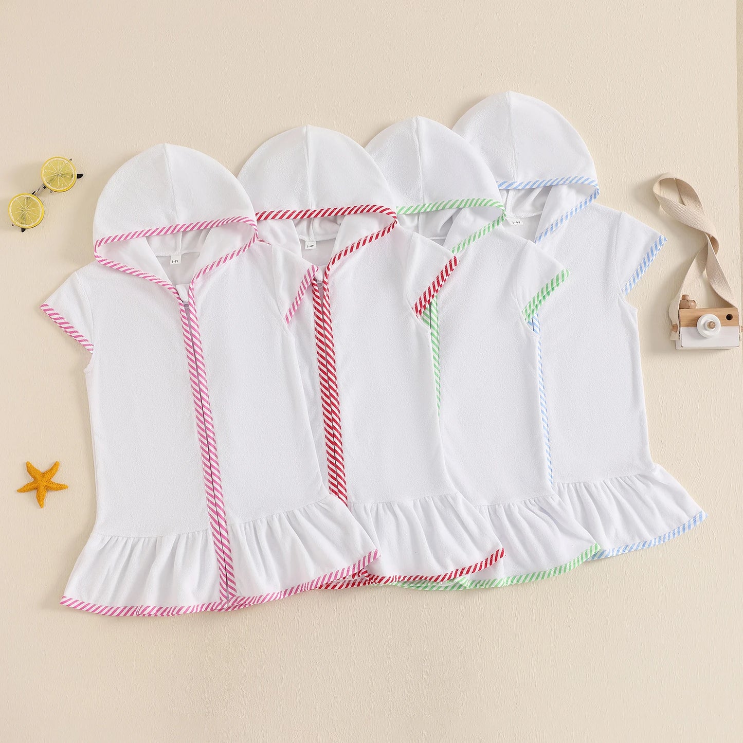 Kids Girl Hooded Beach Coverup Stripe Print Loose Fit Short Sleeve Zipper Bathrobe for Summer