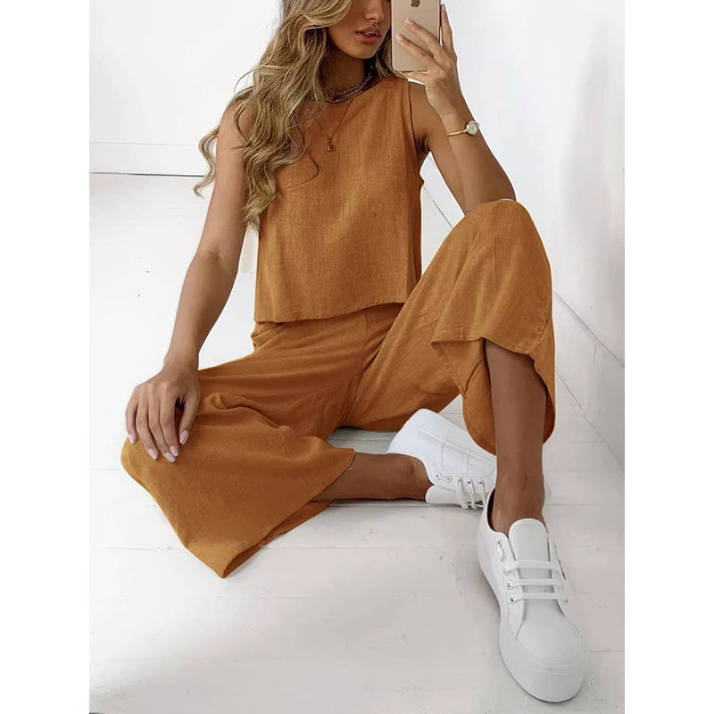 Casual Women's Clothing Suit O Neck Two Pieces Set Loose Sleeveless Solid Color Wide Leg Simple Comfortable for Famale Outdoor